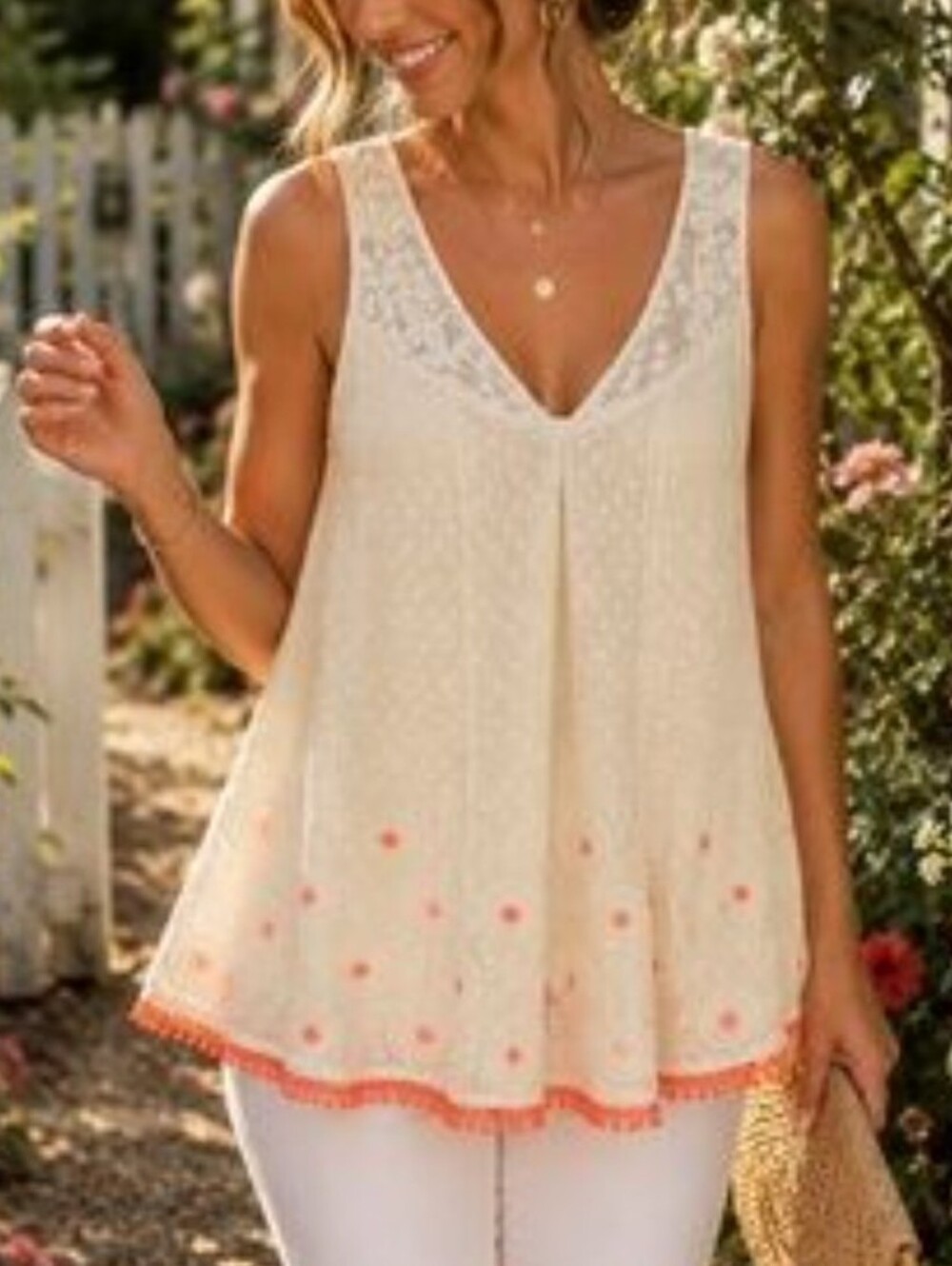Vanessa Virginia Daisy Field Tank Top With Lace And Embellishments